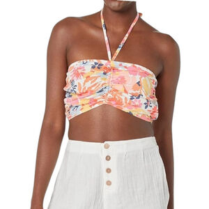 Women's Roxy Island Hops Floral Halter Top XS White Pink Strapless Tube Top